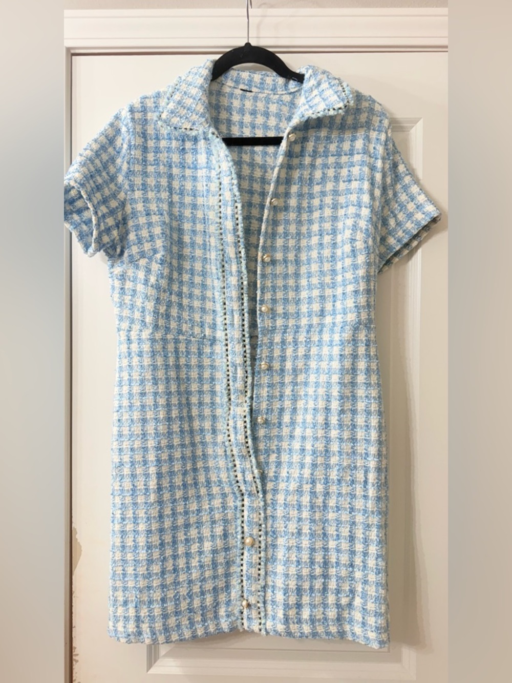 Blue and White Gingham Tweed Mini Dress
